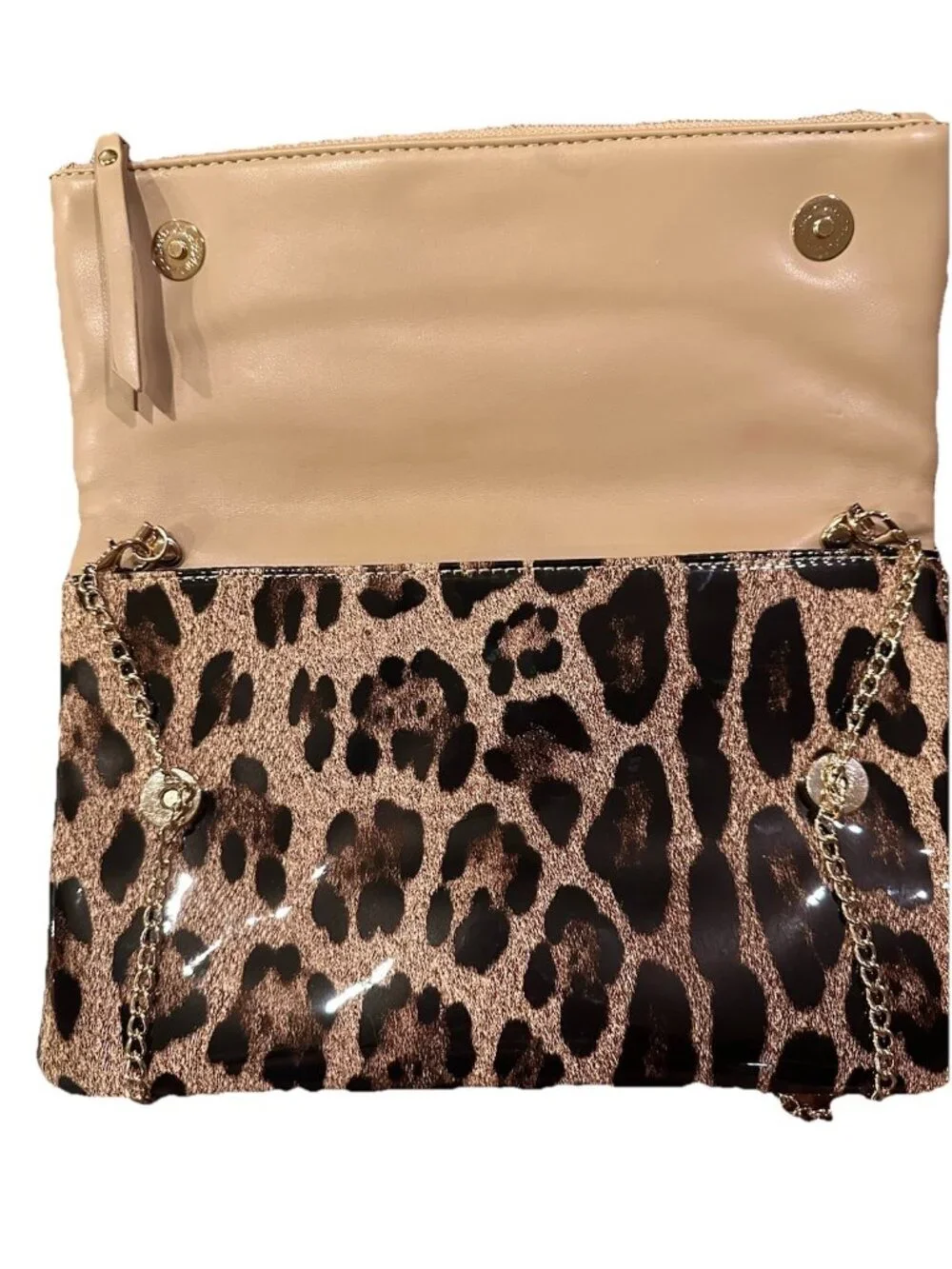 Vinyl Leopard Print Clutch with Gold Crossbody Chain Perfect With Jeans & Heels